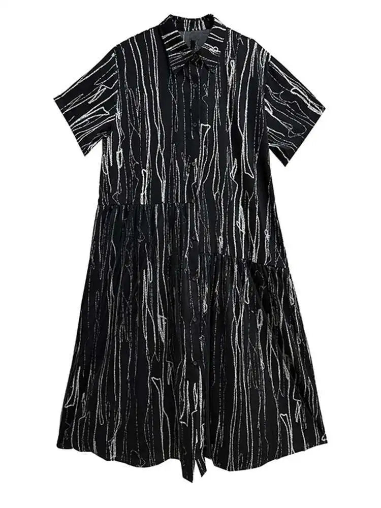 Women Black White Tie Dye Mesh Big Size Midi Shirt Dress New Lapel Short Sleeve Fashion Tide Spring Summer 2025 1DH5962