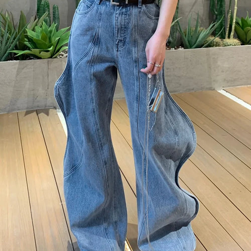 Load image into Gallery viewer, Wave Design Spliced Button Casual Jeans For Women High Waist Patchwork Pockets Loose Denim Wide Leg Pants Female Clothing
