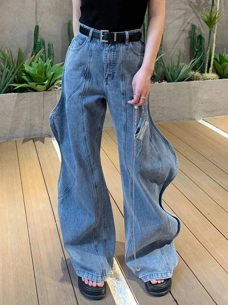 Wave Design Spliced Button Casual Jeans For Women High Waist Patchwork Pockets Loose Denim Wide Leg Pants Female Clothing