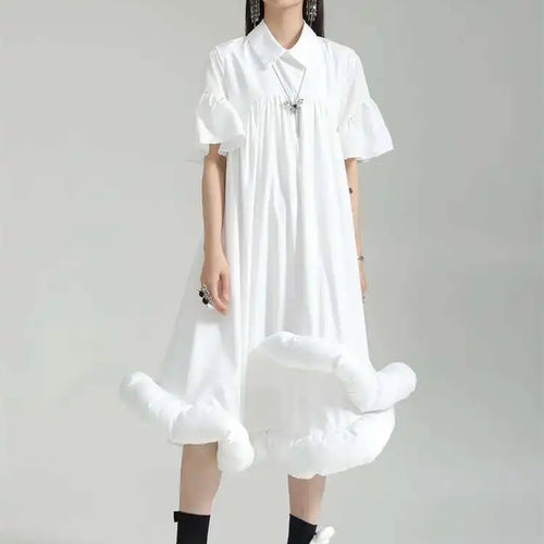 Load image into Gallery viewer, Women White Pleated Hem Ruffles Big Size Shirt Dress New Lapel Short Sleeve Loose Fit Fashion Spring Summer 2025 1DF7190
