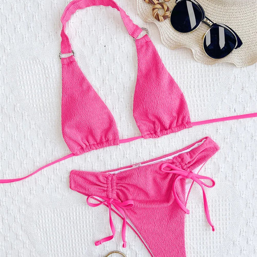 Load image into Gallery viewer, Sexy High Cut Halter Bikini Set 2024 Brazilian Female Swimsuit Women Swimwear Drawstring Two-pieces Bathing Suit
