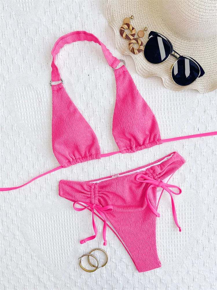 Sexy High Cut Halter Bikini Set 2024 Brazilian Female Swimsuit Women Swimwear Drawstring Two-pieces Bathing Suit