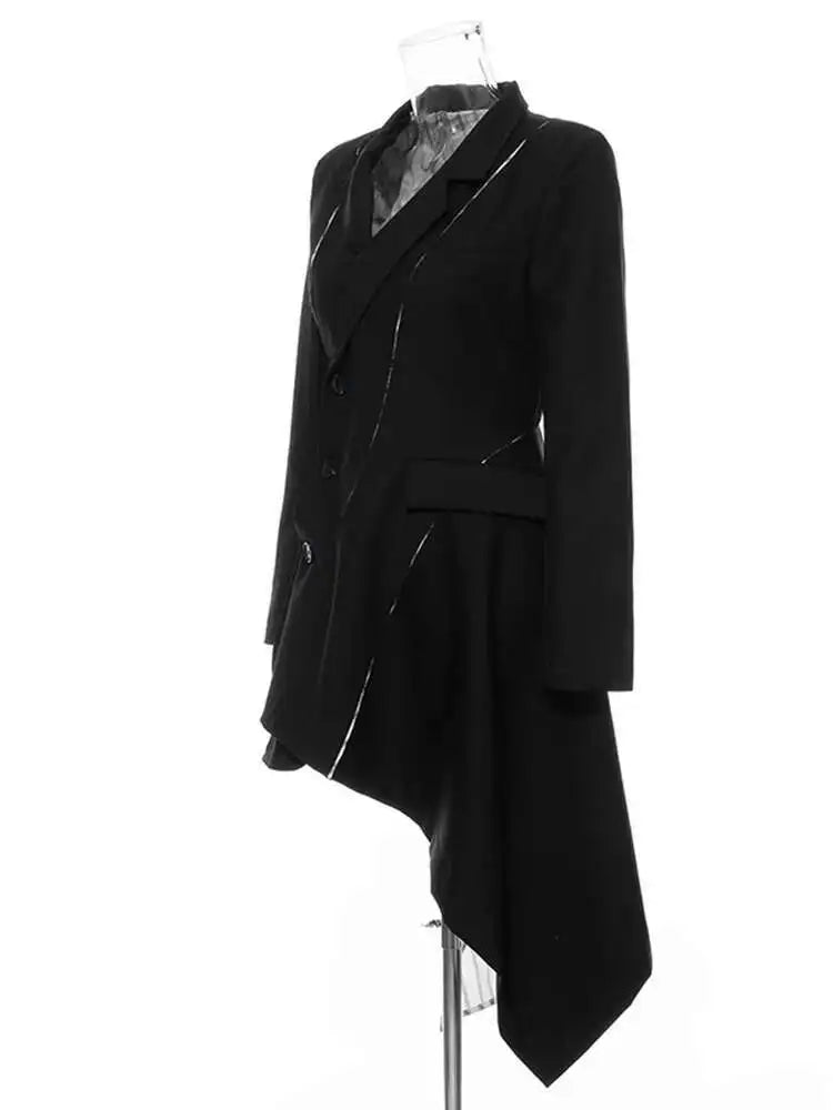 Women Black White Striped Spliced Irregular Dress New Round Neck Full Sleeve Loose Fit Fashion Spring Autumn 2025 1A320