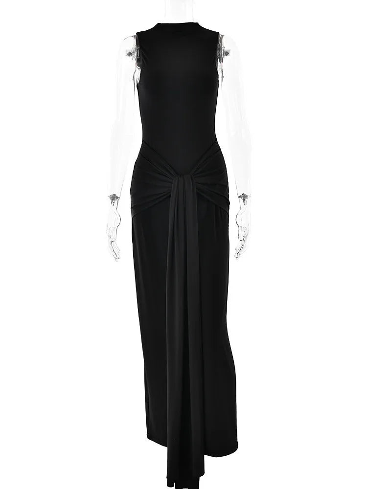 Elegant Sleeveless Bodycon Lace Up Party Evening Dress Women Autumn/Winter New2025 Slim Vestido Elastic Tight Clothing