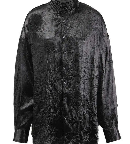 Women Black Pleated Buckle Big Size Vintage Blouse New Stand Collar Long Sleeve Shirt Fashion Spring Autumn 2025 CPG1416