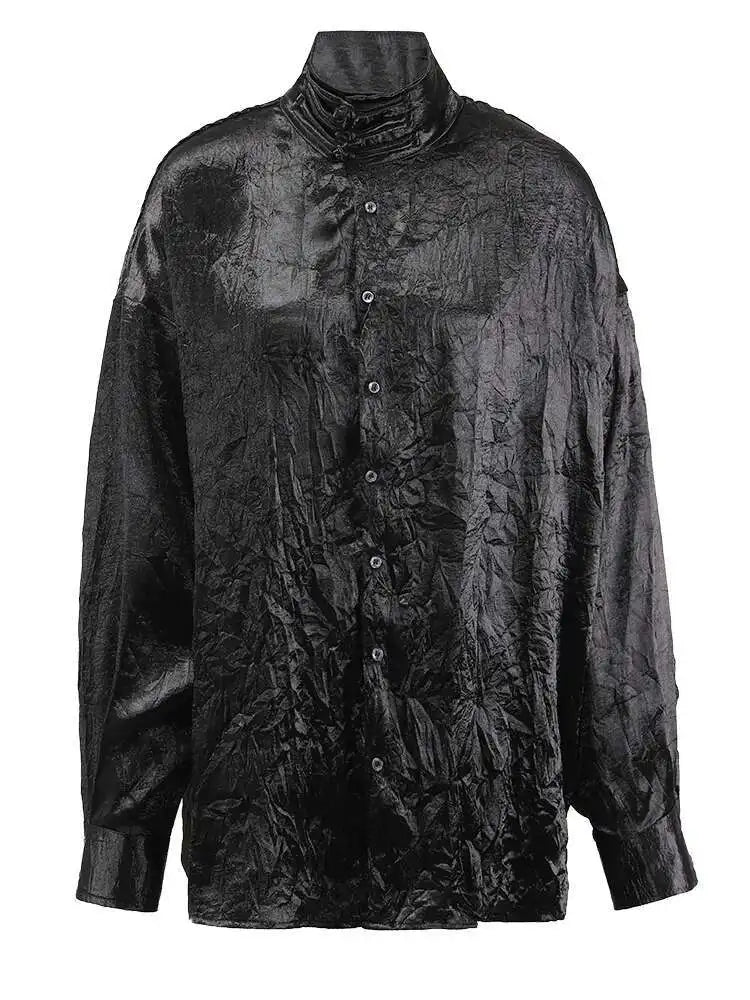 Women Black Pleated Buckle Big Size Vintage Blouse New Stand Collar Long Sleeve Shirt Fashion Spring Autumn 2025 CPG1416