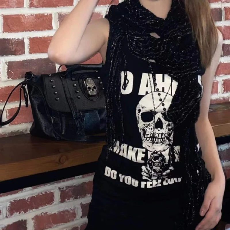 Skull Rose Print Tshirts for Women Sleeveless Tunic Summer Tees Streetwear Gothic Casual Crop Tops Fashion Casual Y2k T Shirt