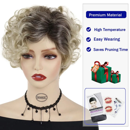 Load image into Gallery viewer, Synthetic Hair Blonde Curly Wig with Bangs Short Haircuts Wig Pixie Cuts with Dark Roots Blond Wigs for Women Mother Gifts Daily
