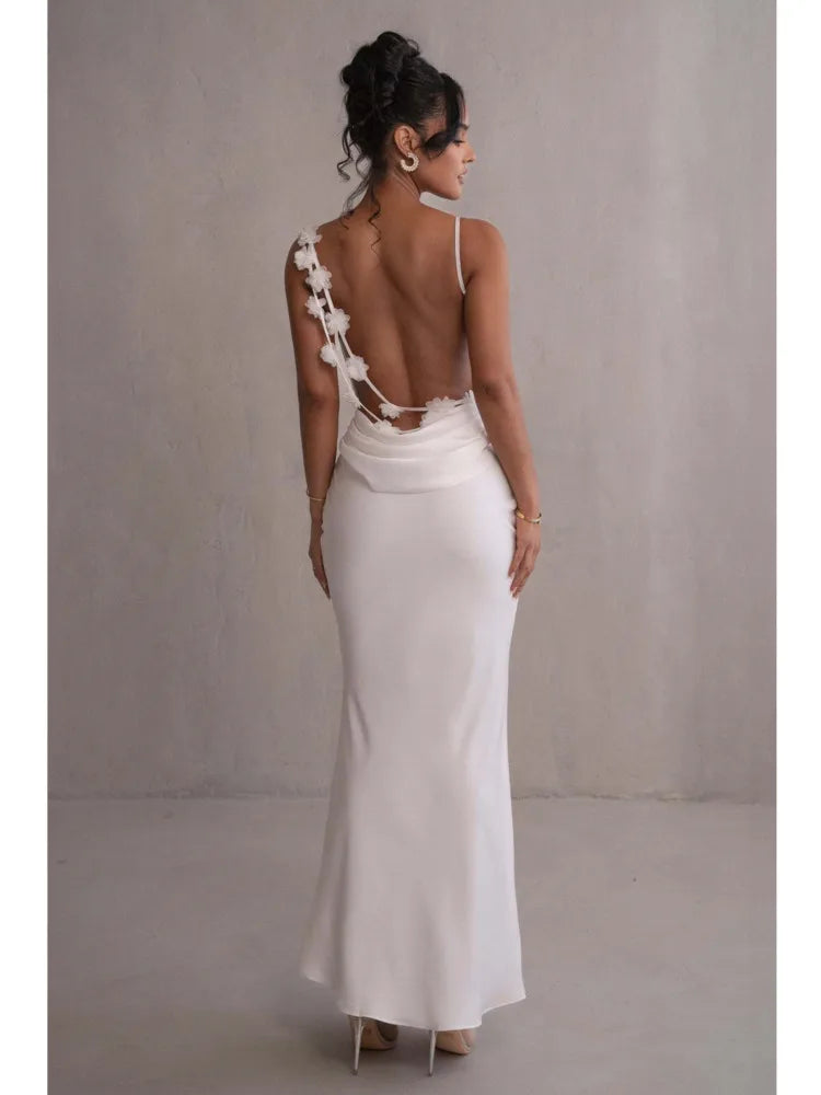 Elegant Sleeveless Flower Shoulder Strap Backless Bodycon Dress Women Sexy Slim Maxi Vesidos Temperament Party Evening