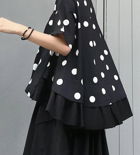 Women Black Dot Printed Irregular Big Size Blouse New Lapel Short Sleeve Shirt Fashion Tide Spring Summer 2025 1DJ1612