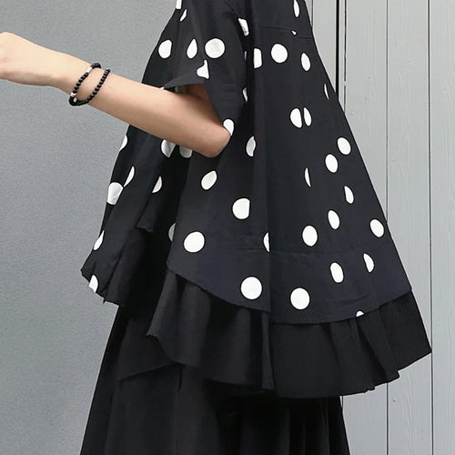 Load image into Gallery viewer, Women Black Dot Printed Irregular Big Size Blouse New Lapel Short Sleeve Shirt Fashion Tide Spring Summer 2025 1DJ1612
