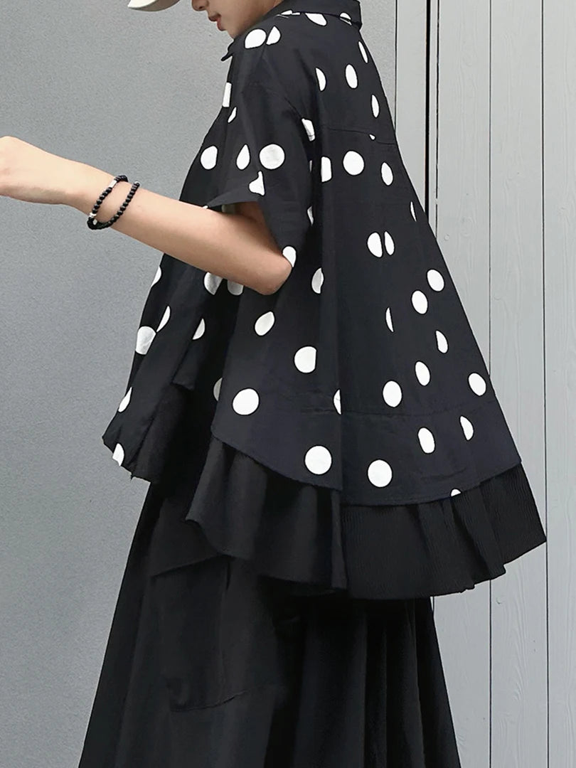 Women Black Dot Printed Irregular Big Size Blouse New Lapel Short Sleeve Shirt Fashion Tide Spring Summer 2025 1DJ1612
