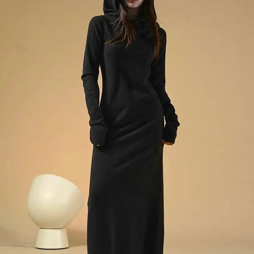 Load image into Gallery viewer, Women Oat Color Knitting Ankle Length Dress New Hooded Long Sleeve Loose Fit Fashion Tide Spring Autumn 2025 1DH3764
