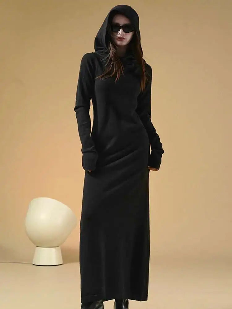 Women Oat Color Knitting Ankle Length Dress New Hooded Long Sleeve Loose Fit Fashion Tide Spring Autumn 2025 1DH3764