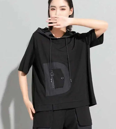 Women Black Color-block Big Size Drawstring T-shirt Hooded New Half Sleeve Loose Fit Fashion Spring Autumn 2025 1DF5304