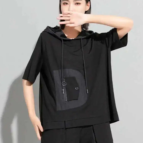 Load image into Gallery viewer, Women Black Color-block Big Size Drawstring T-shirt Hooded New Half Sleeve Loose Fit Fashion Spring Autumn 2025 1DF5304
