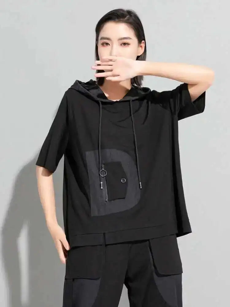Women Black Color-block Big Size Drawstring T-shirt Hooded New Half Sleeve Loose Fit Fashion Spring Autumn 2025 1DF5304
