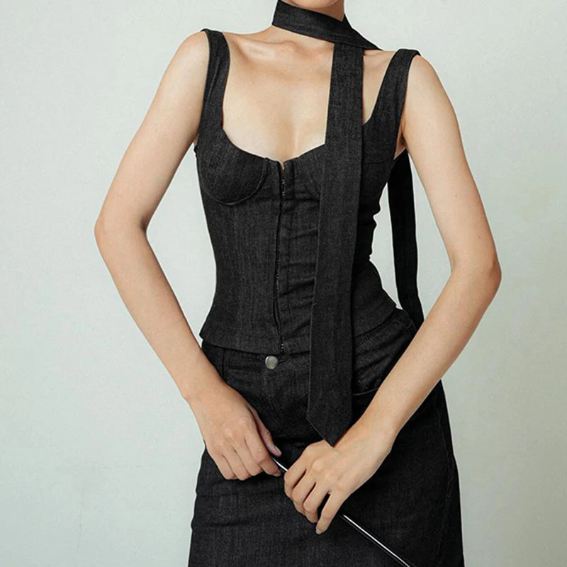 Elegant Chic Party Tank Top Female Pins Up Fashion Short Corset Top Streetwear Club Bustiers With Tie Sleeveless Hot