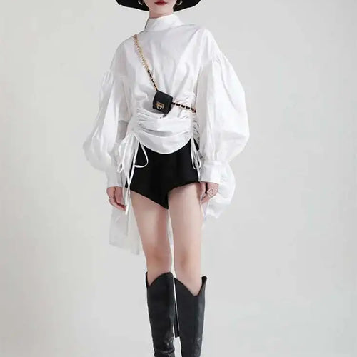 Load image into Gallery viewer, Women Balck Irregular Drawstring Big Size Dress New Stand Collar Long Sleeve Loose Fit Fashion Spring Autumn 2025 1Z18901
