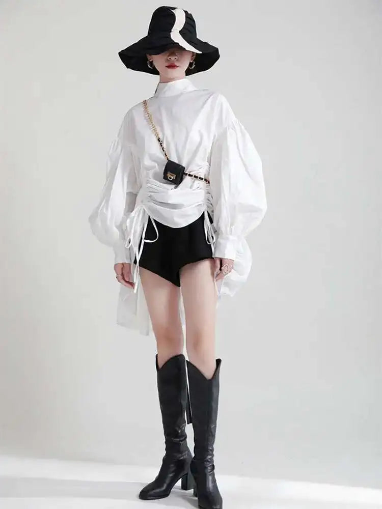 Women Balck Irregular Drawstring Big Size Dress New Stand Collar Long Sleeve Loose Fit Fashion Spring Autumn 2025 1Z18901