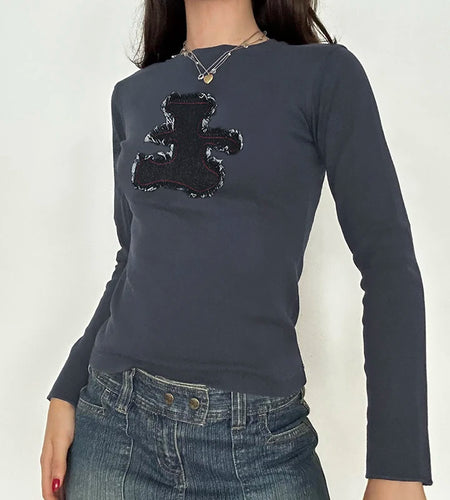 Harajuku Cartoon Long Sleeve Tee Shirt Women Y2K Korean Retro Skinny Women Tops Appliques T shirt Kawaii Clothes