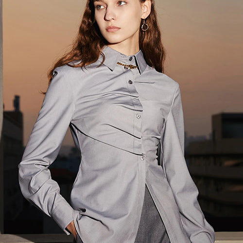 Load image into Gallery viewer, Ruched Shirt For Women Lapel Long Sleeve Single Breasted Solid Minimalsit Elegant Blouses Female Autumn Clothes
