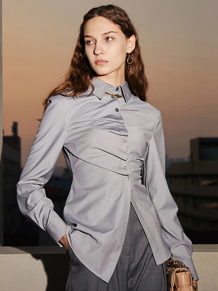 Ruched Shirt For Women Lapel Long Sleeve Single Breasted Solid Minimalsit Elegant Blouses Female Autumn Clothes