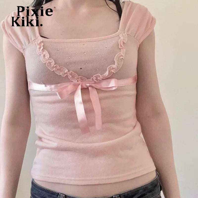 Rhinestone Crop Top Y2k Coquette Baby Pink Bow Ruffle Sleeveless T Shirts for Women Clothes Summer 2024 P84-BC10