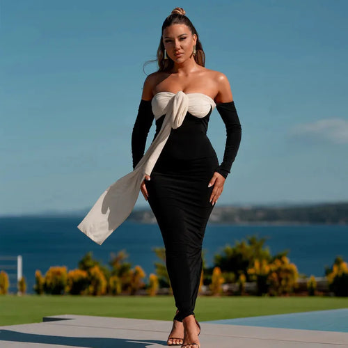 Load image into Gallery viewer, Patchwork Off-shoulder Sexy Maxi Dress For Women Gown Contrast Color Strapless Long Sleeve Bodycon Sexy Long Dress
