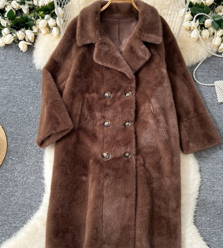 Korean Fashion 2024 Winter Solid Elegant Double-breasted Warm Imitation Mink Fur Coat Women Office Lady Thick Loose Long Jacket