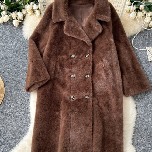Load image into Gallery viewer, Korean Fashion 2024 Winter Solid Elegant Double-breasted Warm Imitation Mink Fur Coat Women Office Lady Thick Loose Long Jacket
