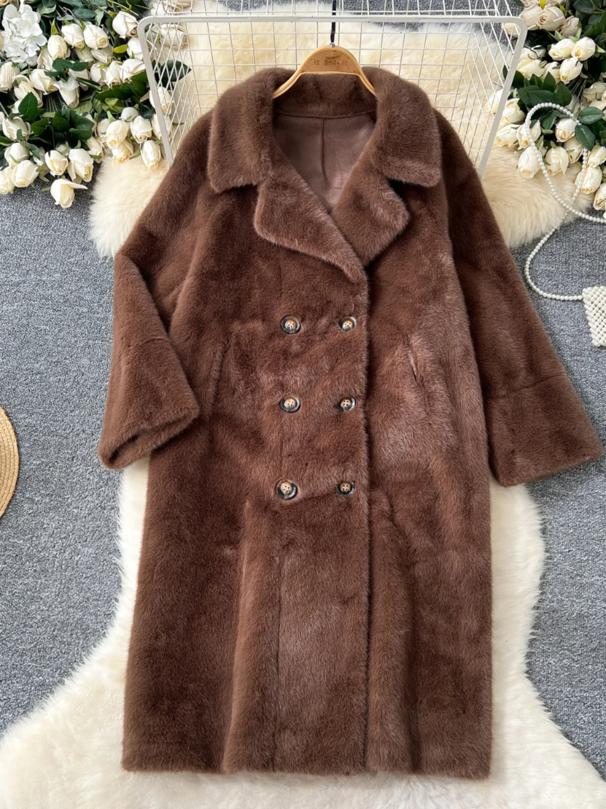 Korean Fashion 2024 Winter Solid Elegant Double-breasted Warm Imitation Mink Fur Coat Women Office Lady Thick Loose Long Jacket