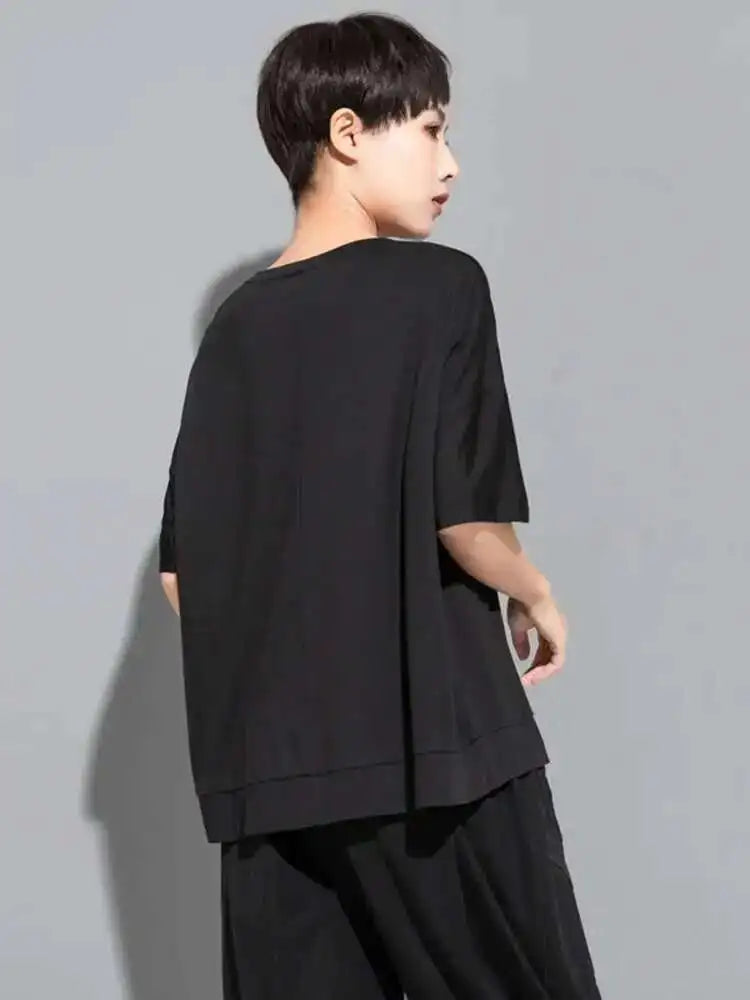 Women Black Irregular Casual Big Size T-shirt New Round Neck Short Sleeve Fashion Tide Spring Summer 2025  1DE8728