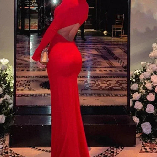 Load image into Gallery viewer, Sexy Cut Out Backless Red Party Dress Women Elegant Luxury Turtleneck Long Sleeve Maxi Dresses Evening Gown C83-DD50
