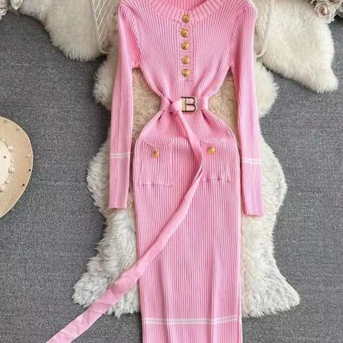 Load image into Gallery viewer, Korean Fashion Women's Stripe V Neck Elegant Slim Long Sleeved Dress Spring Vacation Single Breasted Office Knitted Dress Casual
