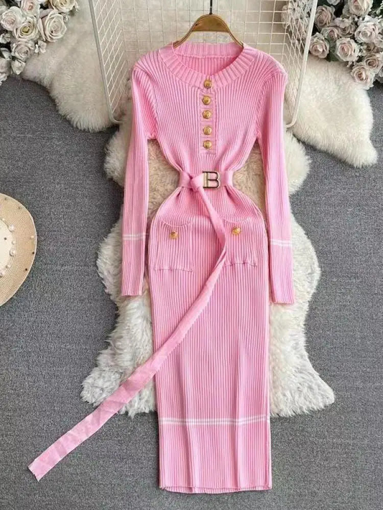 Korean Fashion Women's Stripe V Neck Elegant Slim Long Sleeved Dress Spring Vacation Single Breasted Office Knitted Dress Casual