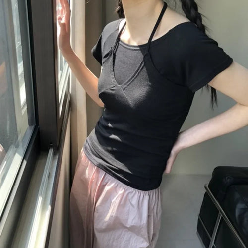 Load image into Gallery viewer, Two Pieces Set Short Sleeve T-shirt Halter Patchwork Slim Sexy Fashion Cropped Top Women Y2k  Aesthetic Summer Solid Casual Tees
