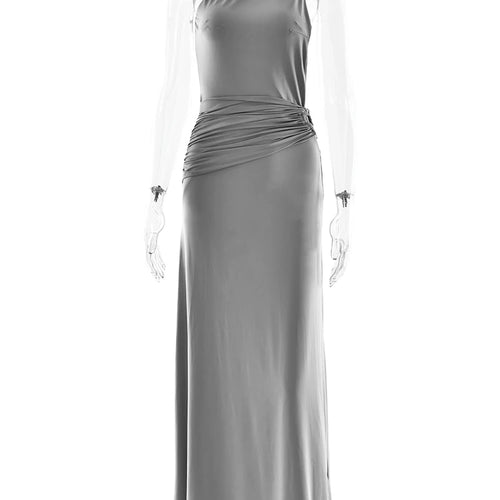 Load image into Gallery viewer, Oblique Shoulder Sleeveless Ruched Maxi Dress For Women Gown Elegant Metal Rings Backless Bodycon Long Dresses Vestidos
