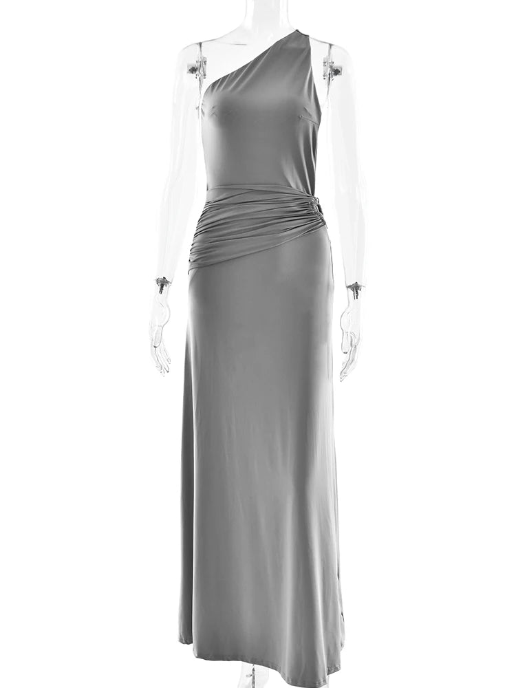 Oblique Shoulder Sleeveless Ruched Maxi Dress For Women Gown Elegant Metal Rings Backless Bodycon Long Dresses Vestidos