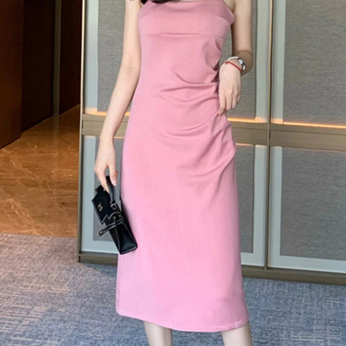 Load image into Gallery viewer, Pink Strapless A-line Women&#39;s Dresses High Street Slim Waist Pure Color Tight Hip Sexy Female Dress Elegant Party Dress
