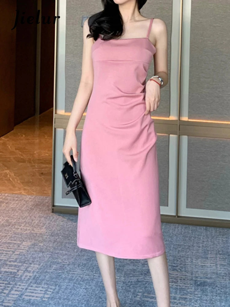 Pink Strapless A-line Women's Dresses High Street Slim Waist Pure Color Tight Hip Sexy Female Dress Elegant Party Dress