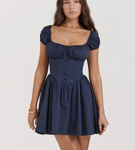 Square Collar Pleated Mini Dress For Women Navy Blue Fashion Short Sleeve Backless A-line Club Party Sexy Dress Elegant
