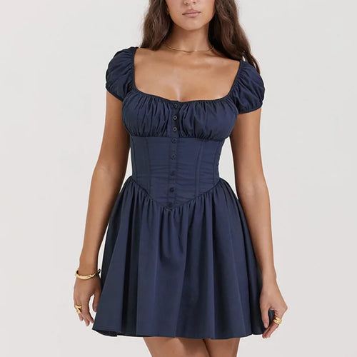 Load image into Gallery viewer, Square Collar Pleated Mini Dress For Women Navy Blue Fashion Short Sleeve Backless A-line Club Party Sexy Dress Elegant
