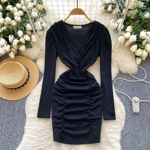 Load image into Gallery viewer, Korean 2025 Spring New Black Elegant Long Sleeves Office Wrapping Hip Mini Dress Women Grey V Neck Vacation Pleated Short Dress

