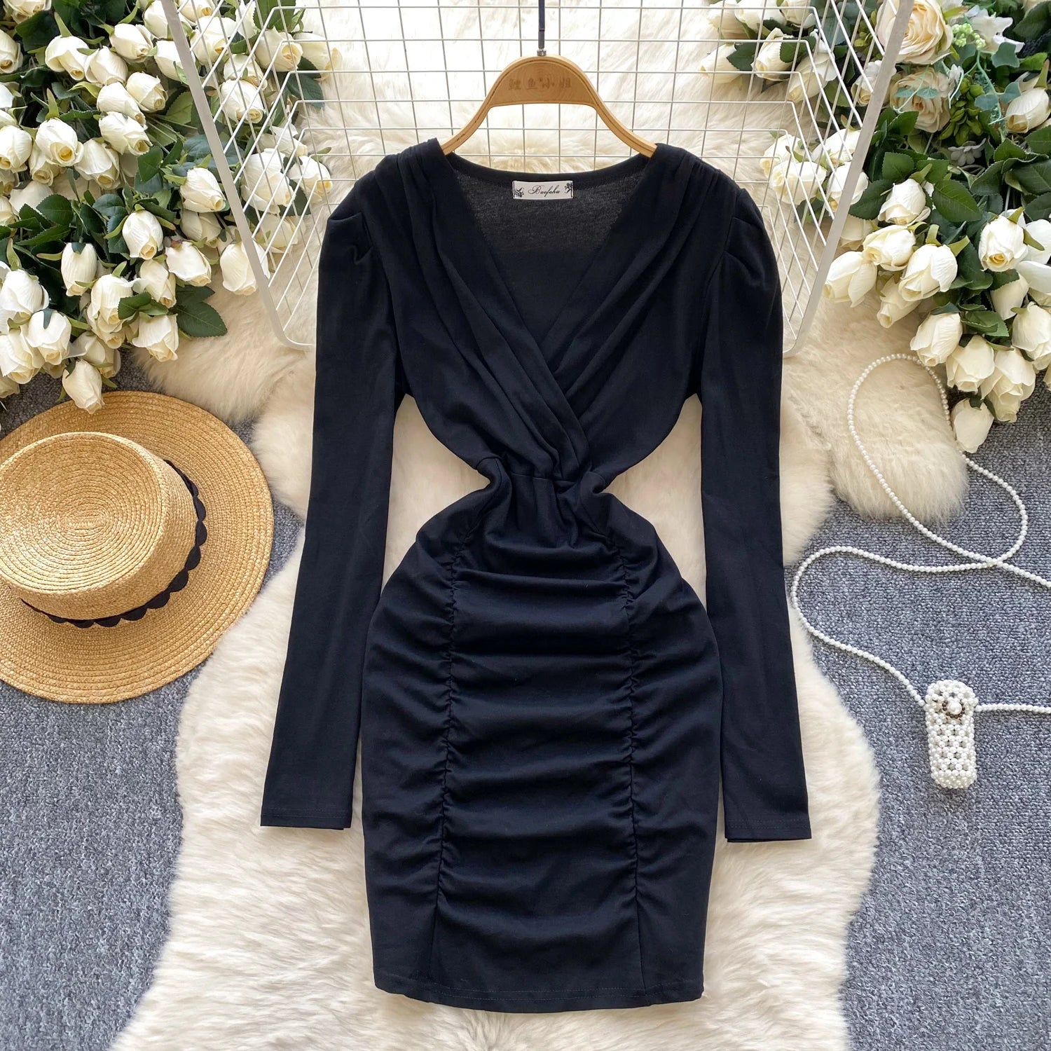 Korean 2025 Spring New Black Elegant Long Sleeves Office Wrapping Hip Mini Dress Women Grey V Neck Vacation Pleated Short Dress