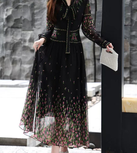 Hit Color Printing Spliced Lace Up Casual Dresses for Women V Neck Long Sleeves Sheer Elegant Dress Female Clothing