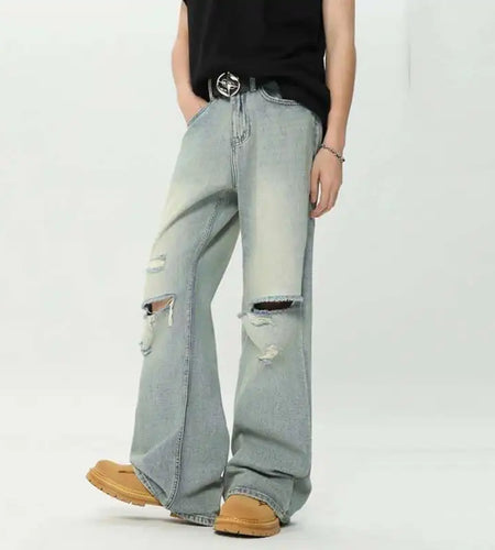High Street Men's Jeans Straight Loose Hole Solid Color Worn-out Men Denim Pants 2024 Autumn New Male Trousers Women 9C6631