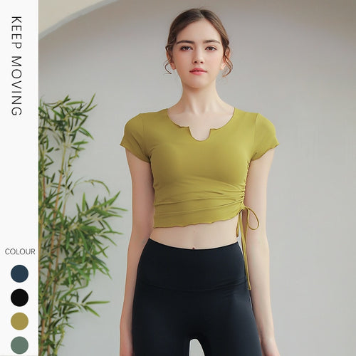 Load image into Gallery viewer, Seamless Women Yoga T-shirt Short Sleeve Drawtring V-neck Cropped Top Gym Running Jogging Active Workout Sportswear 5 Colors
