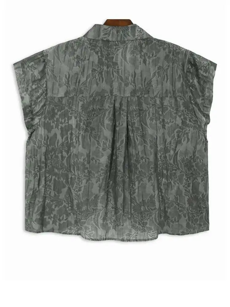 Women Apricot Pleated Irregular Printed Big Size Blouse New Lapel Short Sleeve Shirt Fashion Spring Summer 2025 1DJ0122