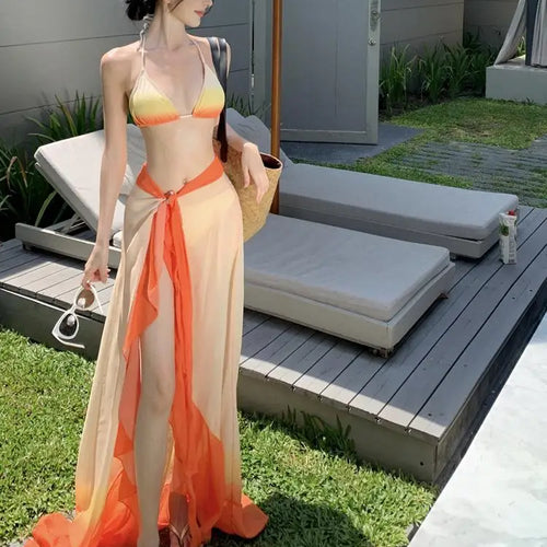 Load image into Gallery viewer, Swimsuit Women Summer Orange Gradient Halter Lace-up Bikini And Bandage Split Long Skirt Three Piece Set Sexy Beach Vacation New
